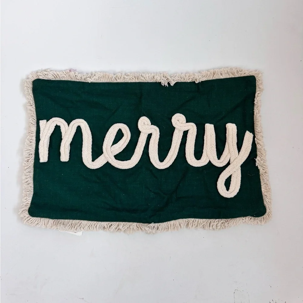 MERRY Sweater Script Festive Green and Cream Oblong Pillow Cover 15”x25”
